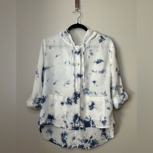 Rachel Zoe Linen Tie Dye Oversized Button Down Hooded Top Size Small Blue EUC